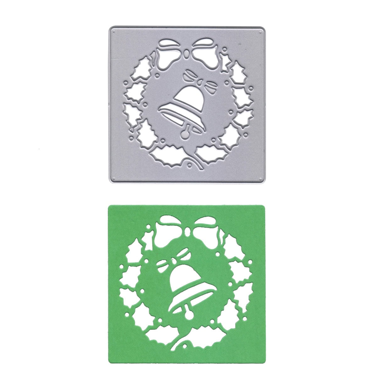 Die Stanzschablone Weihnachtskranz mit Glocke von Stanzenshop.de schafft einen festlichen grünen Kranzausschnitt mit Stechpalme, Schleife und Glocke - ideal für Ihre DIY-Weihnachtsdekorationsprojekte.