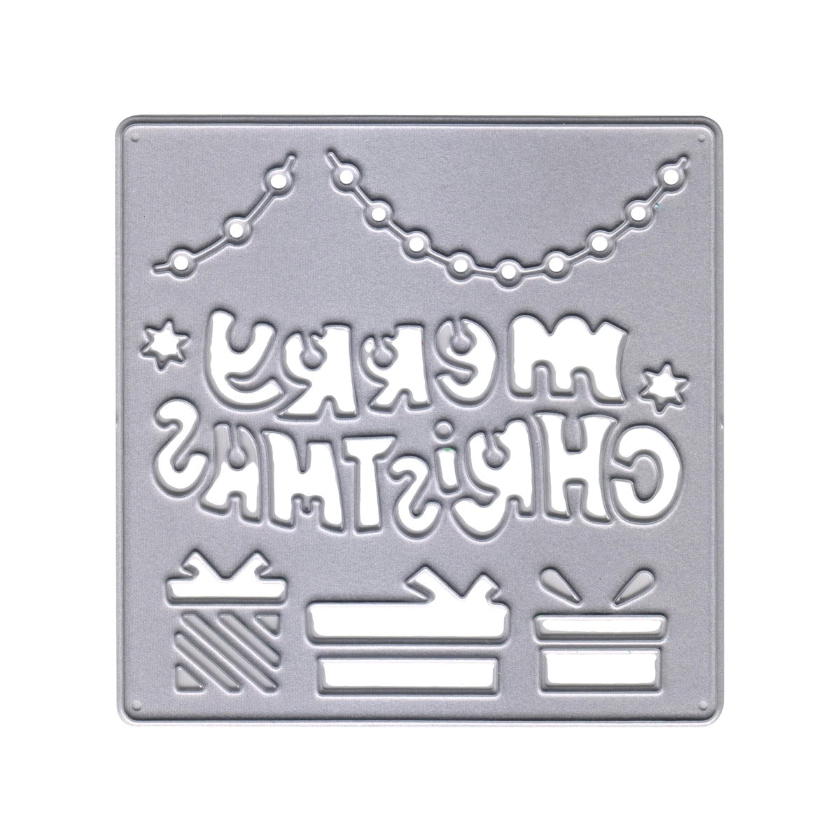 Die Stanzschablone Weihnachtsgruß mit Geschenken von Stanzenshop.de ist eine Stanzschablone aus Metall mit "Merry Christmas" auf der Rückseite, Geschenkformen, Sternen und einer Lichterkette - ideal für Bastelwerk und festliche DIY-Projekte.