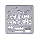 Die Stanzschablone Weihnachtsgruß mit Geschenken von Stanzenshop.de ist eine Stanzschablone aus Metall mit "Merry Christmas" auf der Rückseite, Geschenkformen, Sternen und einer Lichterkette - ideal für Bastelwerk und festliche DIY-Projekte.