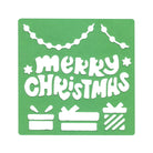 Die Stanzschablone Weihnachtsgruß mit Geschenken von Stanzenshop.de zeigt "Frohe Weihnachten" in Bold, drei Geschenkboxen und zwei Girlanden - ideal für festliche DIY-Projekte und Bastelarbeiten zu Weihnachten.