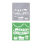 Die "Stanzschablone Weihnachtsgruß mit Geschenken" von Stanzenshop.de ist eine silberne Stanzschablone mit "Merry Christmas", Geschenkschachtelmotiven und Schnurdekor - perfekt zum Basteln oder für DIY-Weihnachtsprojekte. Oben abgebildet: grüne Ausstanzung mit passendem Motiv.