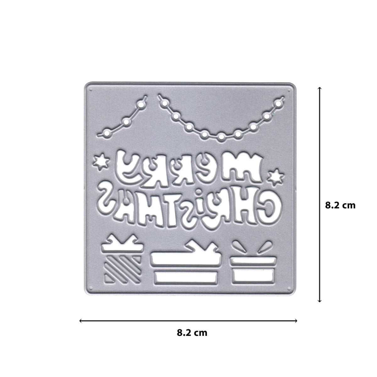 Die Stanzschablone Weihnachtsgruß mit Geschenken von Stanzenshop.de zeigt den Schriftzug "Merry Christmas" im Rückwärtslauf, eine Lichterkette und drei Geschenke - ideal zum Basteln und Werken. Quadratisches Metall, 8,2 x 8,2 cm.