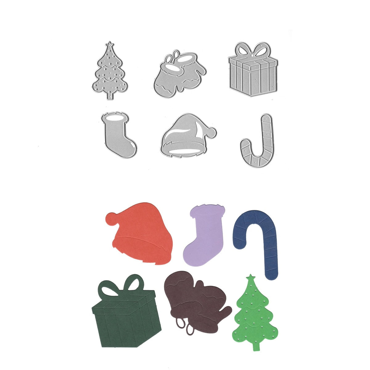 Das Stanzschablone Weihnachtsmotive Set mit 6 Stanzen von Stanzenshop.de enthält Formen wie Baum, Mütze, Geschenk, Stiefel, Handschuh und Zuckerstange-ideal für kreative Weihnachtsprojekte und festliche Bastelideen.