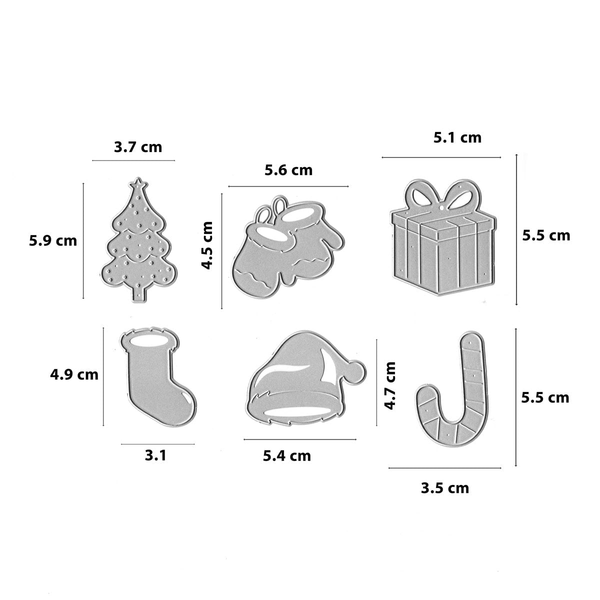 Das Stanzschablone Weihnachtsmotive Set mit 6 Stanzen von Stanzenshop.de enthält Ausstechformen in Baum-, Fäustling-, Geschenk-, Strumpf-, Mütze- und Zuckerstangenform-ideal für kreative Weihnachtsprojekte.