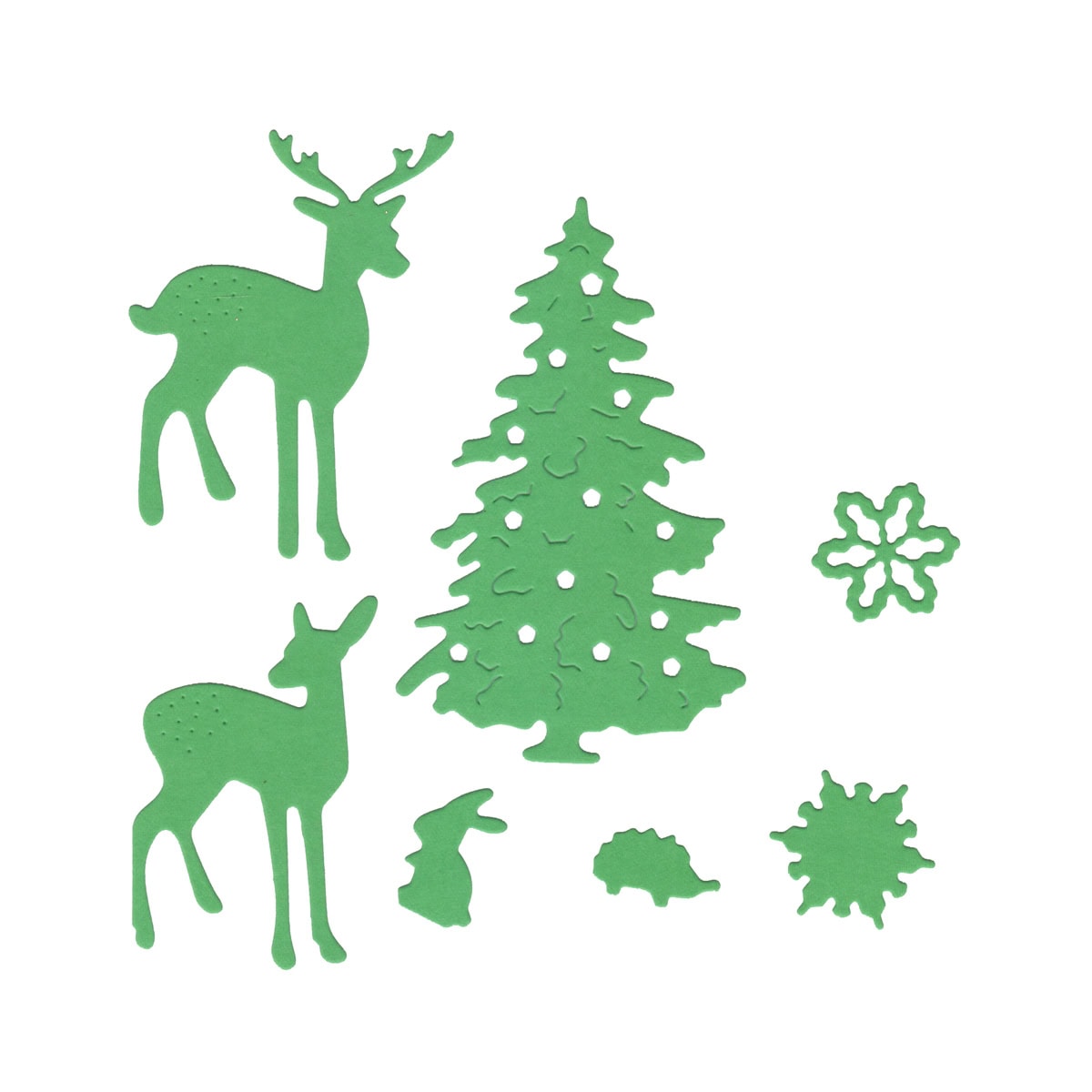 Mit der Stanzschablone Waldtiere mit Tannenbaum von Stanzenshop.de können Sie bezaubernde Winterszenen für Ihre Weihnachtsdekoration kreieren - mit Rehen, einem Baum, Hasen und mehr - alles auf weißem Hintergrund.