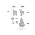 Die Stanzschablone Waldtiere mit Tannenbaum von Stanzenshop.de enthält silberne Metallstempel von zwei Rehen, einem Baum und Ornamenten mit Zentimeter-Etiketten - ideal für Deko oder Winterlandschaften und Weihnachtsideen.