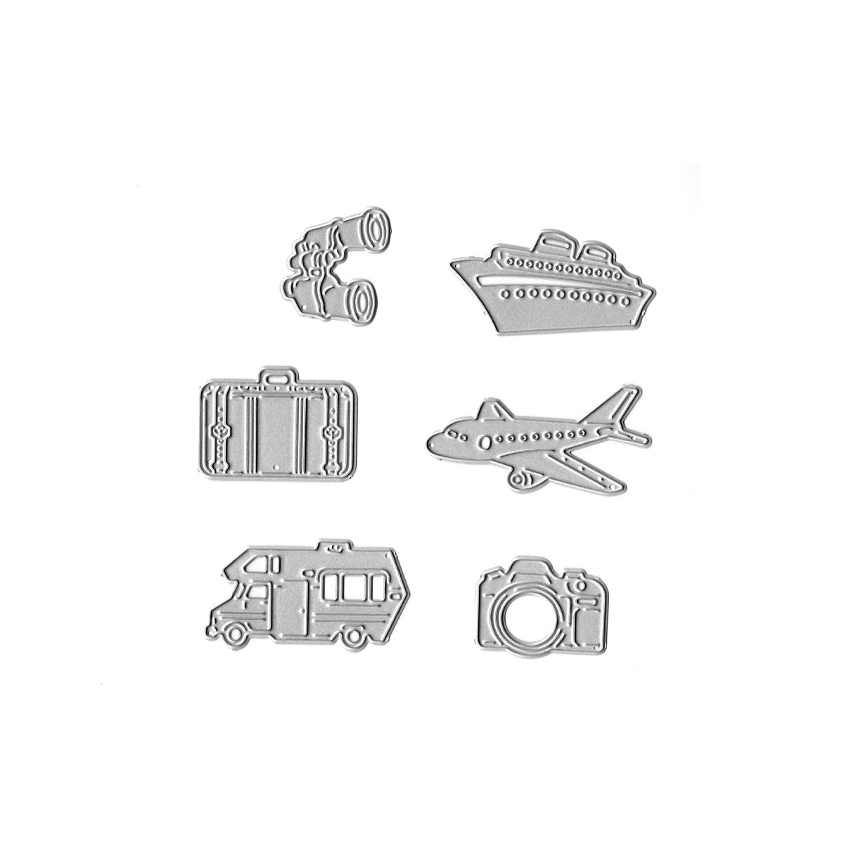 Sechs silberne Metallanhänger aus dem Stanzschablone Urlaubsmotive & Reise-Set von Stanzenshop.de - Fernglas, Kreuzfahrtschiff, Koffer, Flugzeug, Wohnmobil und Fotoapparat - sind auf Weiß abgebildet. Ideal für Scrapbooks oder zur Dekoration von Reisetagebüchern und Urlaubskarten.
