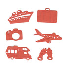 Das Stanzschablone Urlaubsmotive & Reise-Set von Stanzenshop.de zeigt sechs rote Reisesymbole - Kreuzfahrtschiff, Koffer, Kamera, Flugzeug, Wohnmobil und Fernglas - ideal für Scrapbooking oder zur Personalisierung von Reisetagebüchern.