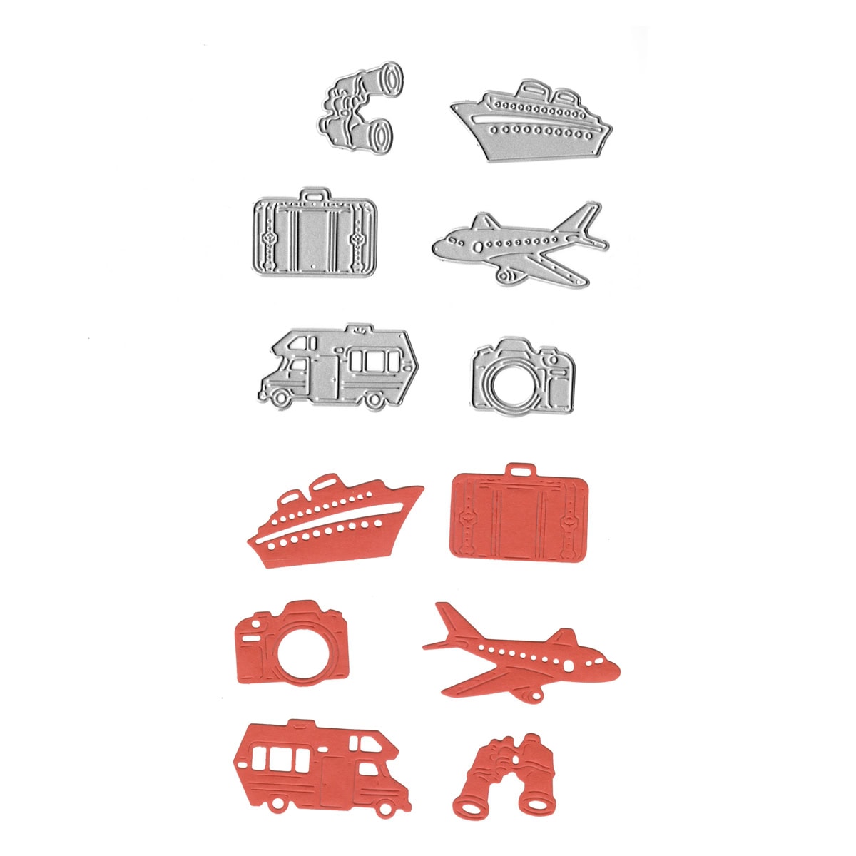 Das Stanzschablone Urlaubsmotive & Reise-Set von Stanzenshop.de besteht aus 12 gestanzten roten Reiseformen aus Metall - Koffer, Flugzeug, Kreuzfahrtschiff, Kamera, Wohnmobil, Fernglas - ideal für Scrapbooks oder Reisetagebücher, dargestellt in zwei Spalten auf weißem Hintergrund.