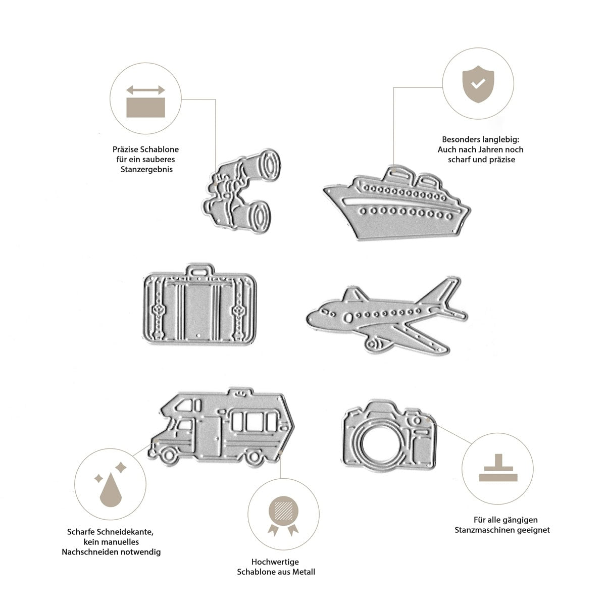 Das Stanzenshop.de Stanzschablone Urlaubsmotive & Reise-Set enthält sechs Metallstanzformen - Fernglas, Kreuzfahrtschiff, Koffer, Flugzeug, Wohnmobil, Kamera - ideal für Reisetagebücher oder Scrapbooks. Die Motive sind mit deutschem Text abgebildet.