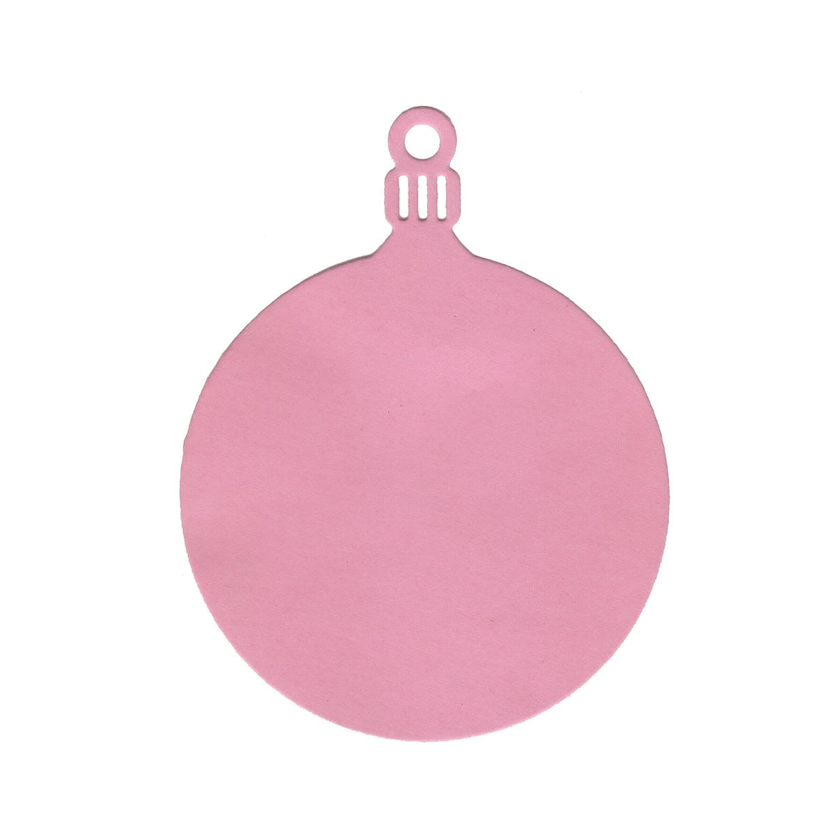 Die Stanzschablone Weihnachtskugel mit Aufhänger von Stanzenshop.de ist ein flacher, runder, rosafarbener Papierausschnitt mit einem Loch zum Aufhängen, perfekt als festlicher Weihnachtsbaumschmuck.