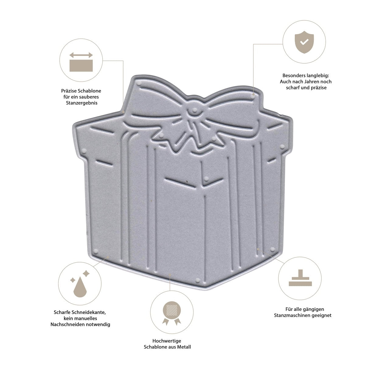 Die Stanzschablone Geschenk mit Schleife von Stanzenshop.de eignet sich durch ihre Präzision und Langlebigkeit perfekt für Bastelprojekte oder Dekoideen und ist kompatibel mit gängigen Stanzmaschinen.