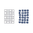 Ein rechteckiges Gitter aus ineinandergreifenden 24-teiligen Stanzschablonen-Puzzleteilen von Stanzenshop.de auf der linken Seite, daneben einzelne, lose angeordnete blaue Puzzleteile auf der rechten Seite.