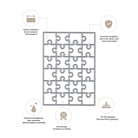 Diagramm der Stanzenshop.de Stanzschablone Puzzle 24-teilig mit deutschem Text, der die Präzision, das robuste Metalldesign, die scharfen Kanten und die Kompatibilität mit Karten und Standard-Stanzmaschinen hervorhebt.