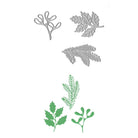 Die Stanzschablone Tannenzweig & Herbstblätter von Stanzenshop.de zeigt vier Metall-Stanzen mit passenden grünen Papiermotiven - ideal für Naturdeko oder herbstliche Bastelprojekte.