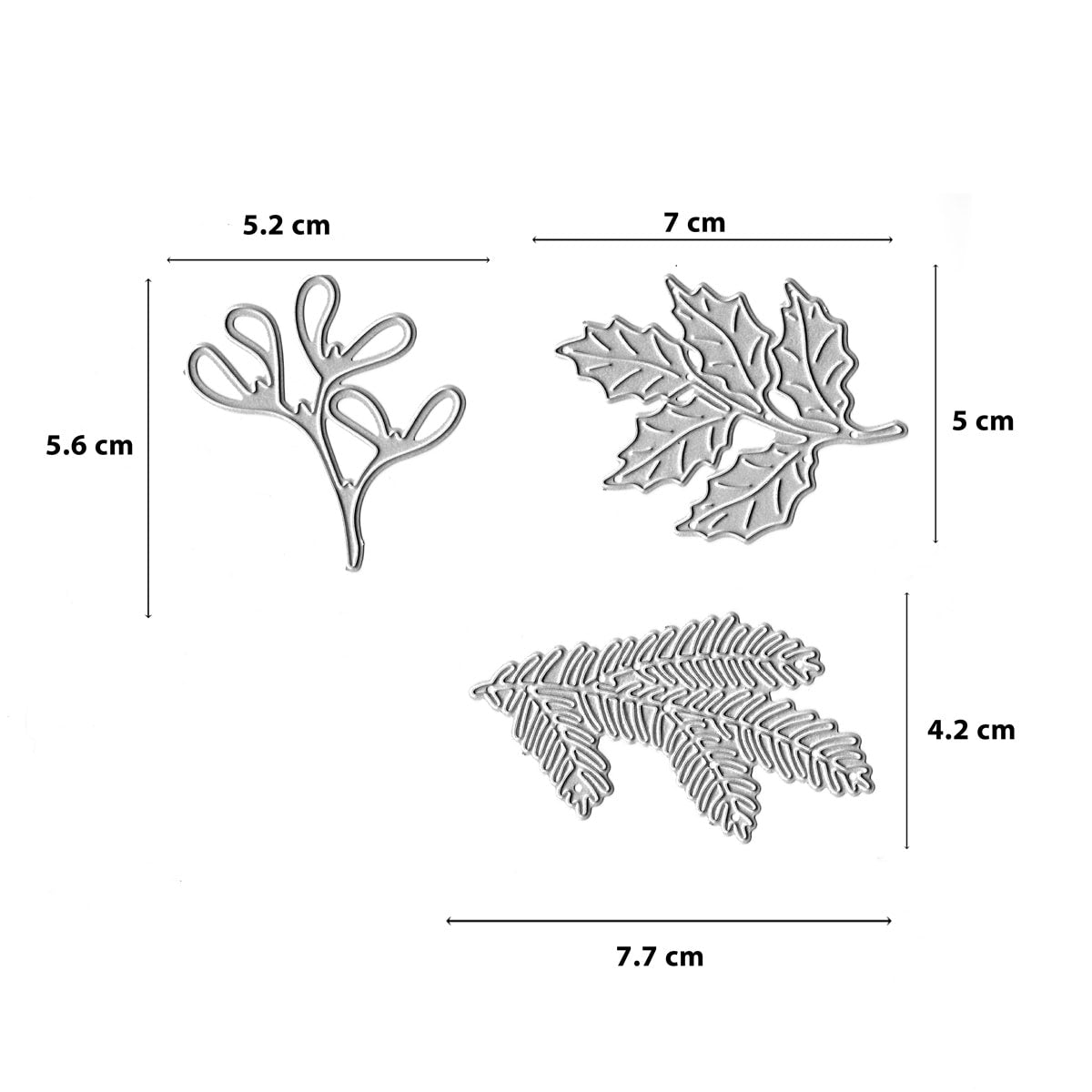 Die Stanzschablone Tannenzweig & Herbstblätter von Stanzenshop.de enthält drei silberne Metall-Designs in unterschiedlichen Größen-ideal für Naturdeko, Herbstbasteln oder Blätter- und Zweigakzente bei Ihren Kreativprojekten.