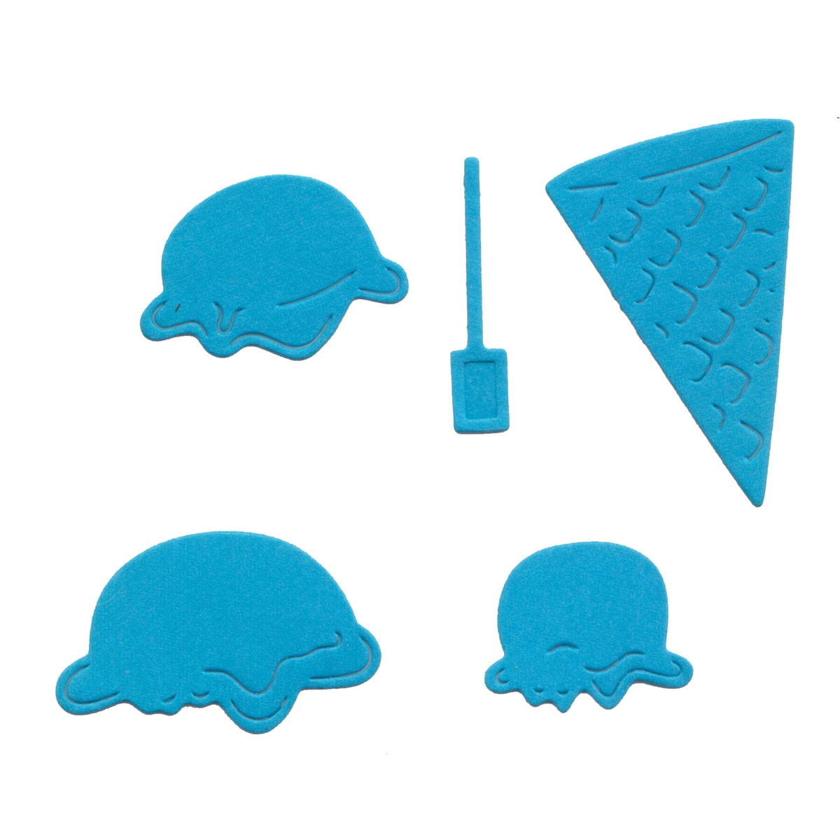 Fünf blaue Schaumstoffausschnitte in Form von zwei Eiskugeln, einer Waffel, einem Stiel und einer weiteren Kugel stehen auf weißem Untergrund - ideal als Stanzschablone Eistüte mit Eiskugeln von Stanzenshop.de für kreative Bastelideen oder Geschenkideen.
