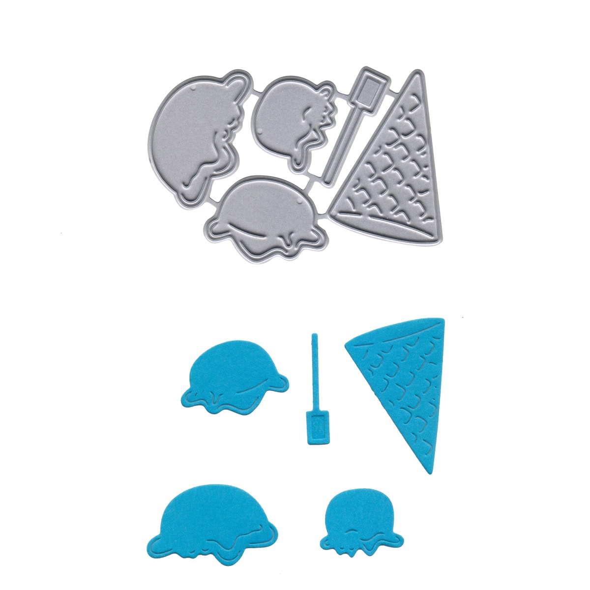 Die Stanzschablone Eistüte mit Eiskugeln von Stanzenshop.de besteht aus Metallstempeln in Form von Eistüten und Eiskugeln, die über blauen Papierausschnitten abgebildet sind - ideale Eisschablonen für Bastelideen.