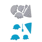 Die Stanzschablone Eistüte mit Eiskugeln von Stanzenshop.de besteht aus Metallstempeln in Form von Eistüten und Eiskugeln, die über blauen Papierausschnitten abgebildet sind - ideale Eisschablonen für Bastelideen.