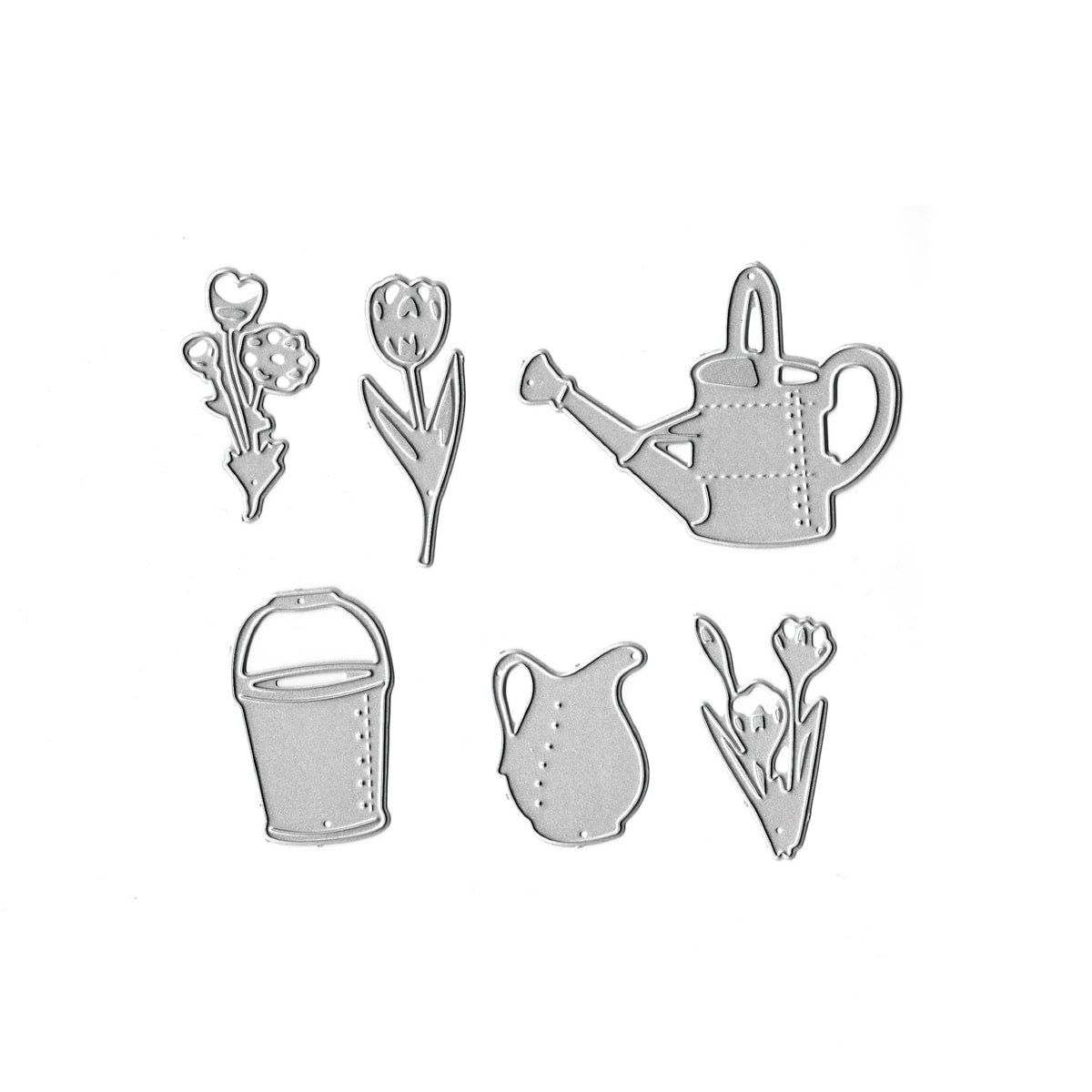 Sechs silberne Stanzteile aus Metall von Stanzenshop.de, "Stanzschablone Gießkanne & Frühlingsblumen", in Blumen-, Tulpen-, Gießkannen-, Eimer- und Krugform auf Weiß-ideal für Frühlingskarten.