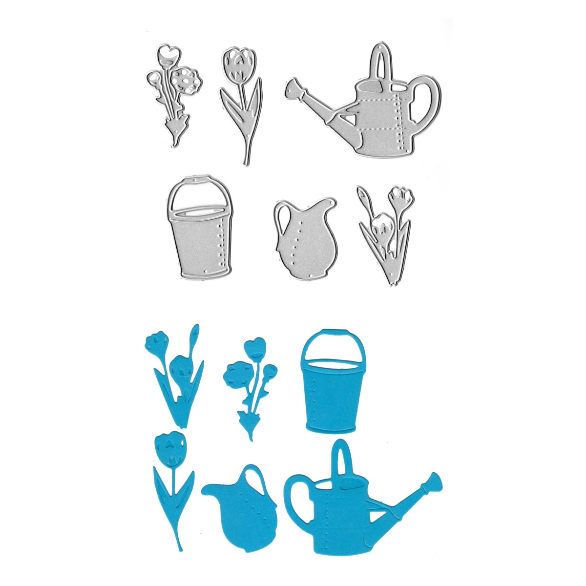 Die Stanzschablone Gießkanne & Frühlingsblumen von Stanzenshop.de besteht aus Metallstanzformen von Blumen, einer Gießkanne, einem Eimer und einem Krug mit passenden blauen Papierausschnitten - ideal für einzigartige Frühlingskarten - arrangiert auf weißem Hintergrund.