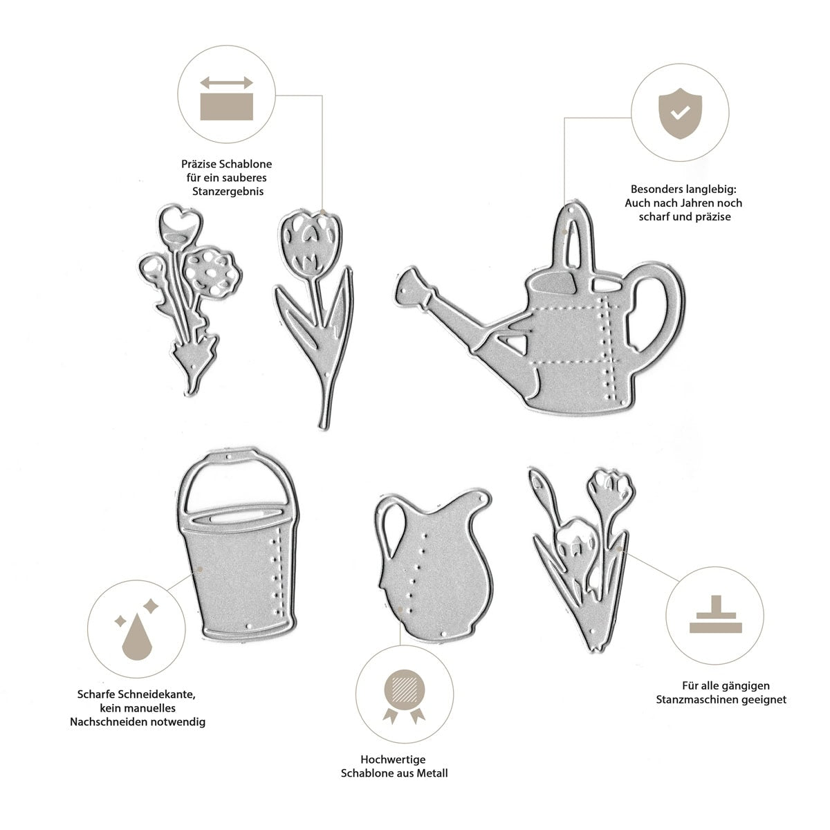 Die Stanzschablone Gießkanne & Frühlingsblumen von Stanzenshop.de enthält sechs silberne Metallstanzen - Blumen, Tulpen, Gießkanne, Eimer und Krug - ideal für Frühlingskarten. Mit deutschem Text und Symbolen für eine einfache Anwendung.
