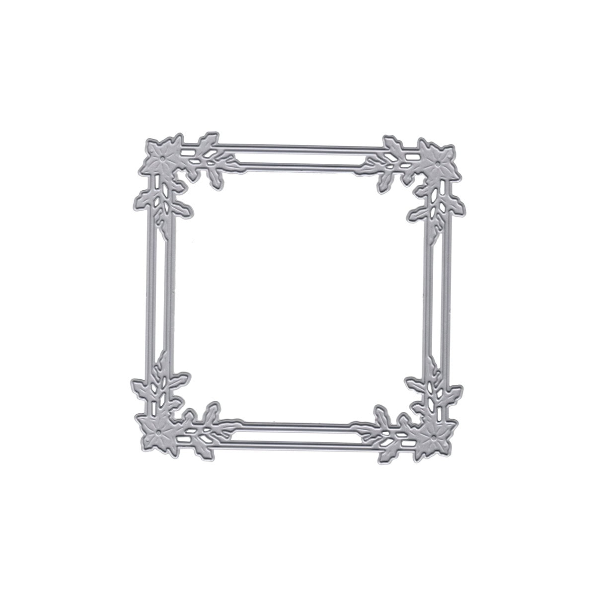Die "Stanzschablone Rahmen mit Blumenzweigen" von Stanzenshop.de ist ein quadratischer silberner Metallrahmen mit floralen Ecken - ideal als Dekoelement für Winterprojekte, präsentiert auf weißem Hintergrund.