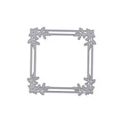 Die "Stanzschablone Rahmen mit Blumenzweigen" von Stanzenshop.de ist ein quadratischer silberner Metallrahmen mit floralen Ecken - ideal als Dekoelement für Winterprojekte, präsentiert auf weißem Hintergrund.