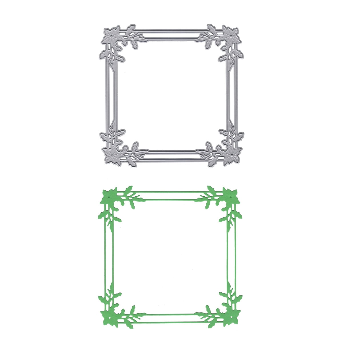 Die Stanzschablone Rahmen mit Blumenzweigen von Stanzenshop.de zeigt zwei quadratische, verzierte Rahmen in Silber und Grün - ideal für kreative Winterprojekte auf weißem Hintergrund.
