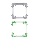 Die Stanzschablone Rahmen mit Blumenzweigen von Stanzenshop.de zeigt zwei quadratische, verzierte Rahmen in Silber und Grün - ideal für kreative Winterprojekte auf weißem Hintergrund.