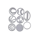 Das Set Stanzschablone Sportbälle von Stanzenshop.de enthält neun Metallstempel von runden Sportbällen - Baseball, Fußball, Basketball, Fußball, Volleyball, Bowling und mehr - die in einem Raster angeordnet sind.