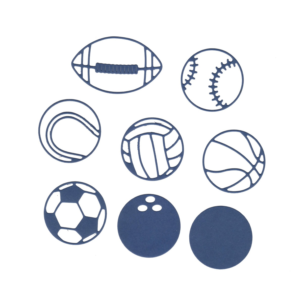 Die Stanzschablone Sportbälle von Stanzenshop.de zeigt Outline-Illustrationen von Fuß-, Baseball, Tennisball & mehr auf weißem Hintergrund-ideal für sportliche Karten oder als Stanzschablone verwendbar.