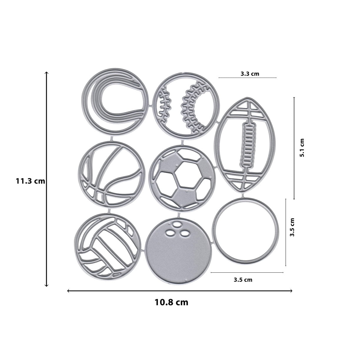 Das Stanzenshop.de Stanzschablone Sportbälle Set enthält 9 Metallstempel von runden Sportbällen - Baseball, Fußball, Basketball, Fußball, Volleyball und Blankokreise - mit beschrifteten Abmessungen.
