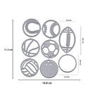 Das Stanzenshop.de Stanzschablone Sportbälle Set enthält 9 Metallstempel von runden Sportbällen - Baseball, Fußball, Basketball, Fußball, Volleyball und Blankokreise - mit beschrifteten Abmessungen.