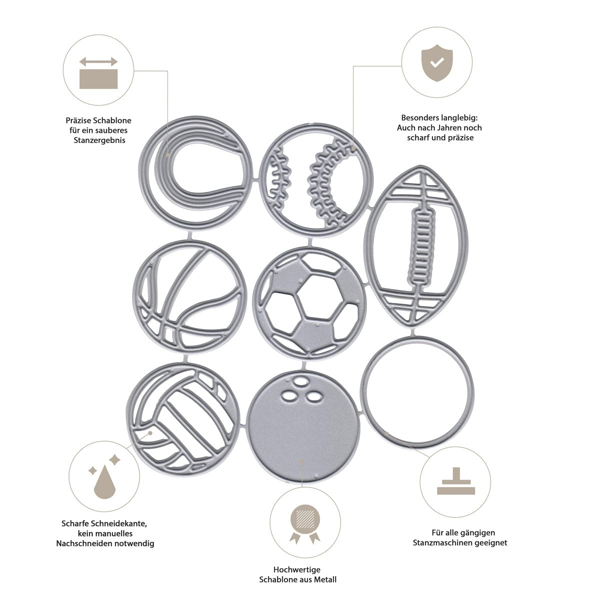 Das Stanzenshop.de Stanzschablone Sportbälle Set enthält neun Metallschablonen von runden Bällen und Sportgeräten, ideal für sportliche Karten und kreative Projekte. Der deutsche Text auf der Verpackung hebt ihre einzigartigen Eigenschaften hervor.