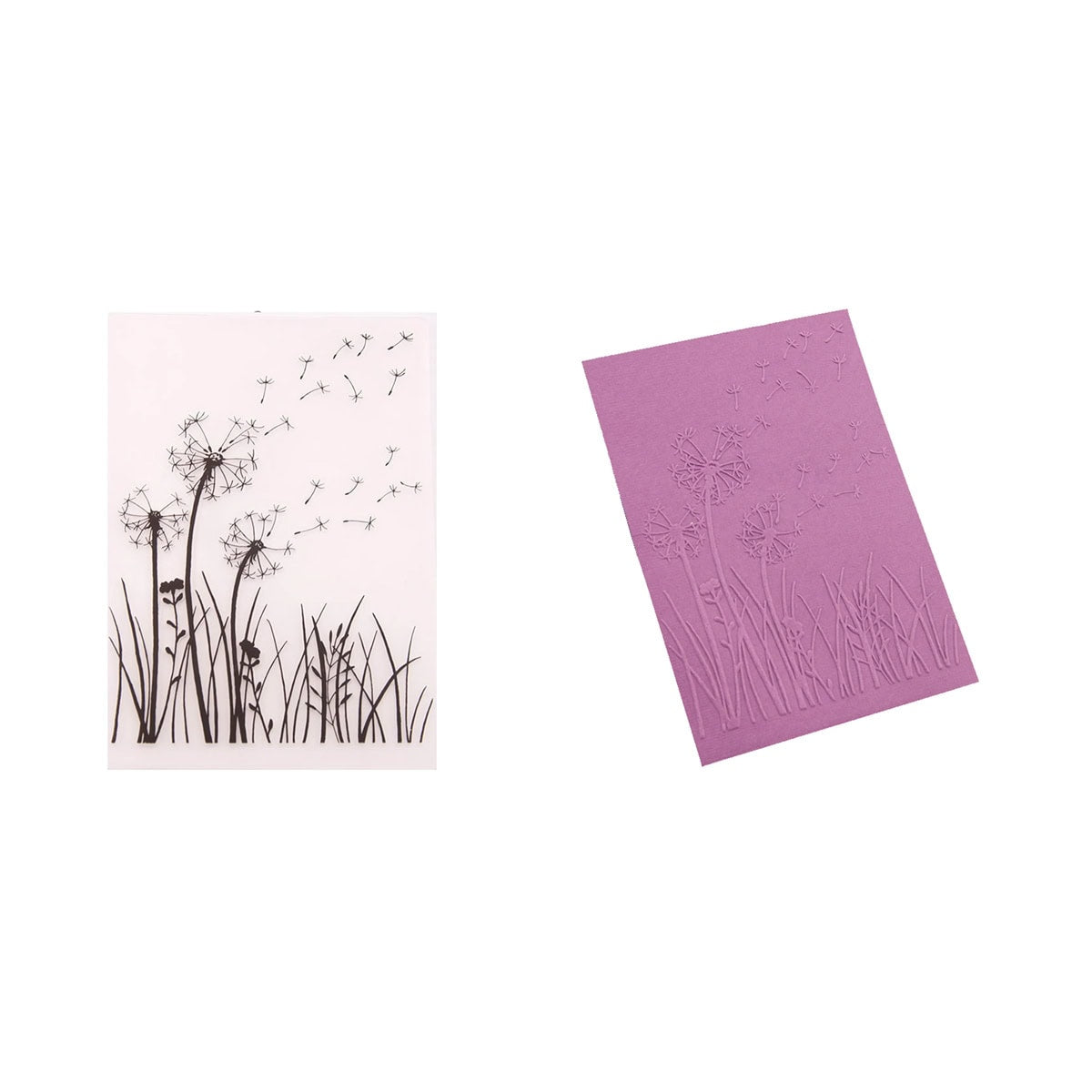 Ein weißer "Embossing Folder Pusteblume im Sommerwind" von Stanzenshop.de mit schwarzem Pusteblumen- und Gräsermotiv liegt neben einer lilafarbenen Karte, die mit demselben eleganten Motiv geprägt ist.
