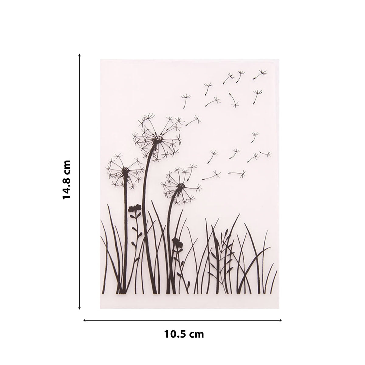 Der Embossing Folder Pusteblume im Sommerwind von Stanzenshop.de zeigt ein schwarz-weißes Löwenzahn- und Grasmotiv mit vom Wind verwehten Samen, ideal für Karten oder Mappen. Größe: 14,8 x 10,5 cm.