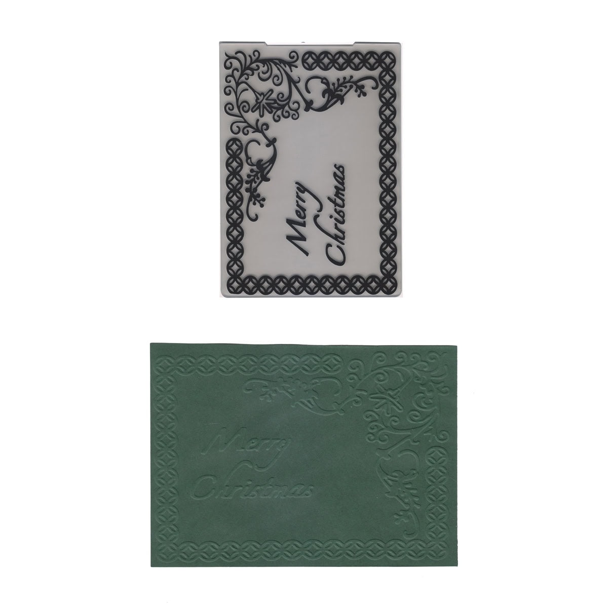 Der Embossing Folder Merry Christmas Rahmen von Stanzenshop.de ist mit einer festlichen Botschaft und einem dekorativen Rahmen versehen - ideal, um Ihre Weihnachtskarten mit Prägedetails zu versehen.