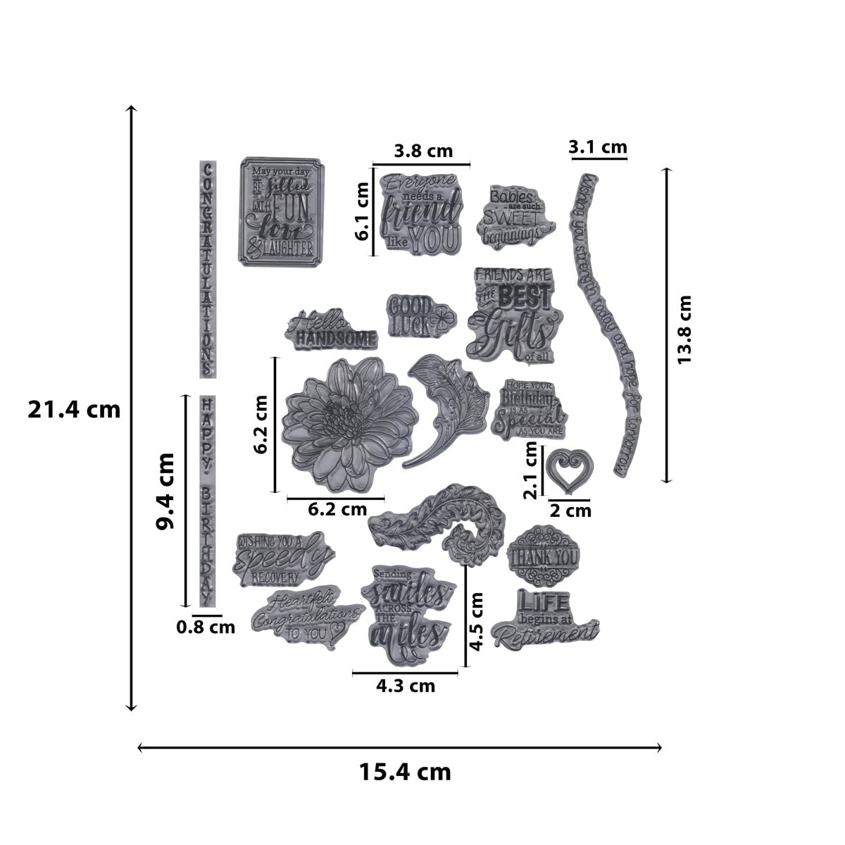 Das Clear Stamp Freundschaft & Grüße Set von Stanzenshop.de bietet florale Elemente, Phrasen, eine Blume und dekorative Motive zum Karten gestalten - jeweils mit beschrifteten Maßen. Das komplette Stempelset hat eine Größe von 21,4 x 15,4 cm.