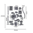 Das Clear Stamp Freundschaft & Grüße Set von Stanzenshop.de bietet florale Elemente, Phrasen, eine Blume und dekorative Motive zum Karten gestalten - jeweils mit beschrifteten Maßen. Das komplette Stempelset hat eine Größe von 21,4 x 15,4 cm.