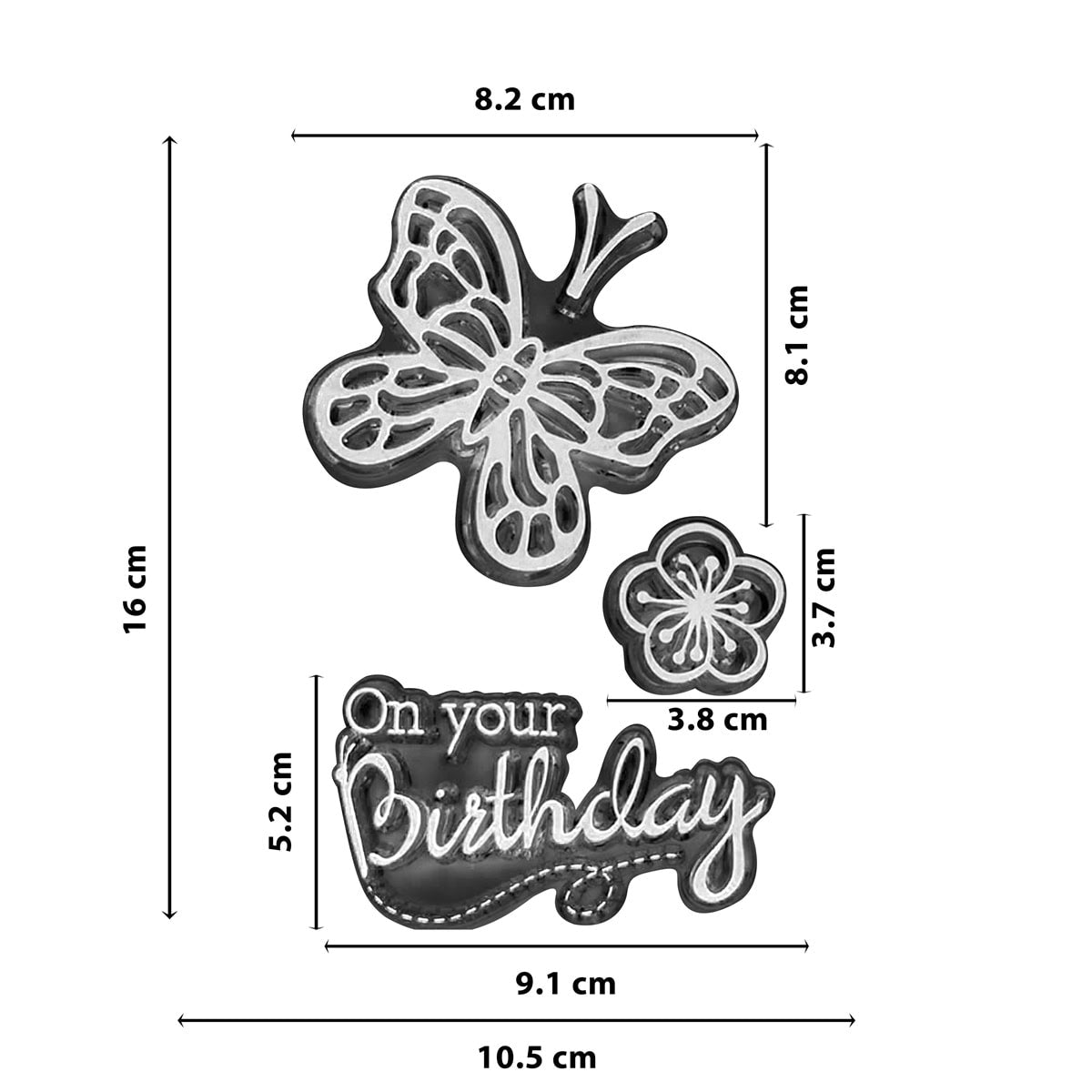 Schwarz-Weiß-Abbildung des "Clear Stamp Schmetterling mit Schriftzug" von Stanzenshop.de, mit Schmetterling, Blume und "On your Birthday"-Textformen mit floralen Akzenten; Maße in Zentimetern sind beschriftet.