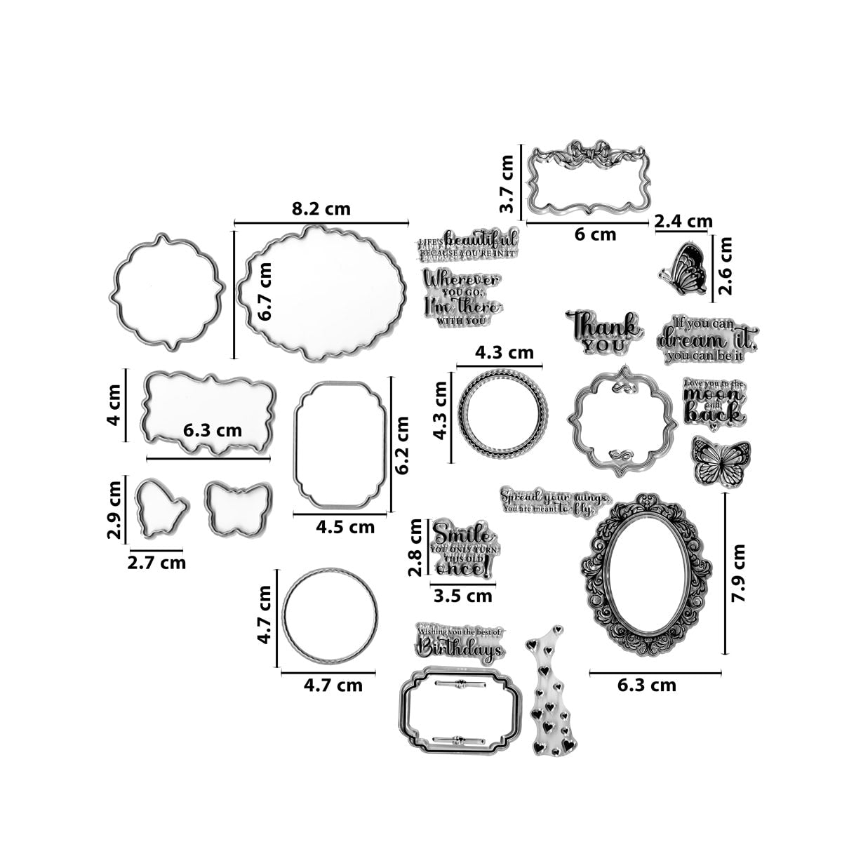 Das Clear Stamp und Stanzen Set Vintage-Rahmen & Sprüche von Stanzenshop.de bietet filigrane Rahmen, Schmetterlinge, und Sprüche-Stempel mit Zentimeterangabe - ideal für kreative Vintage-Karten.