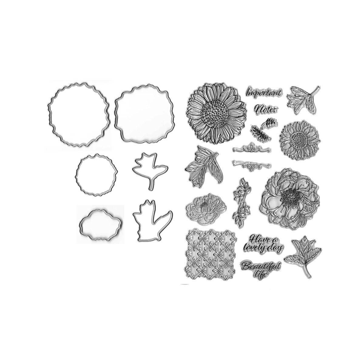 Das Clear Stamp und Stanzen Set - Blumenpracht von Stanzenshop.de bietet Blumenmotive, Blätter und Sprüche wie "happy notes" - ideal für Karten oder kreative Projekte, alle auf weißem Hintergrund arrangiert.