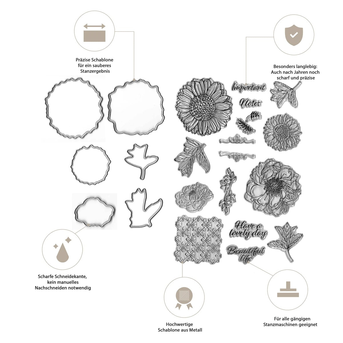 Das Clear Stamp und Stanzen Set - Blumenpracht von Stanzenshop.de bietet präzise Metallstanzen und passende Stempel mit Blumen- und Blattmotiven, deutschen Texten sowie langlebigen, detailreichen Designs - ideal für individuelle Karten.