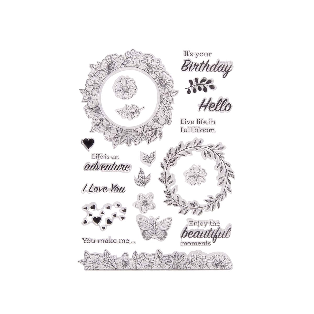 Der Clear Stamp - Florale Kränze & Schmetterling von Stanzenshop.de zeigt Blumenkränze, Schmetterlinge, Herzen und Geburtstagssprüche - ideal für Karten und die besonderen Momente im Leben.