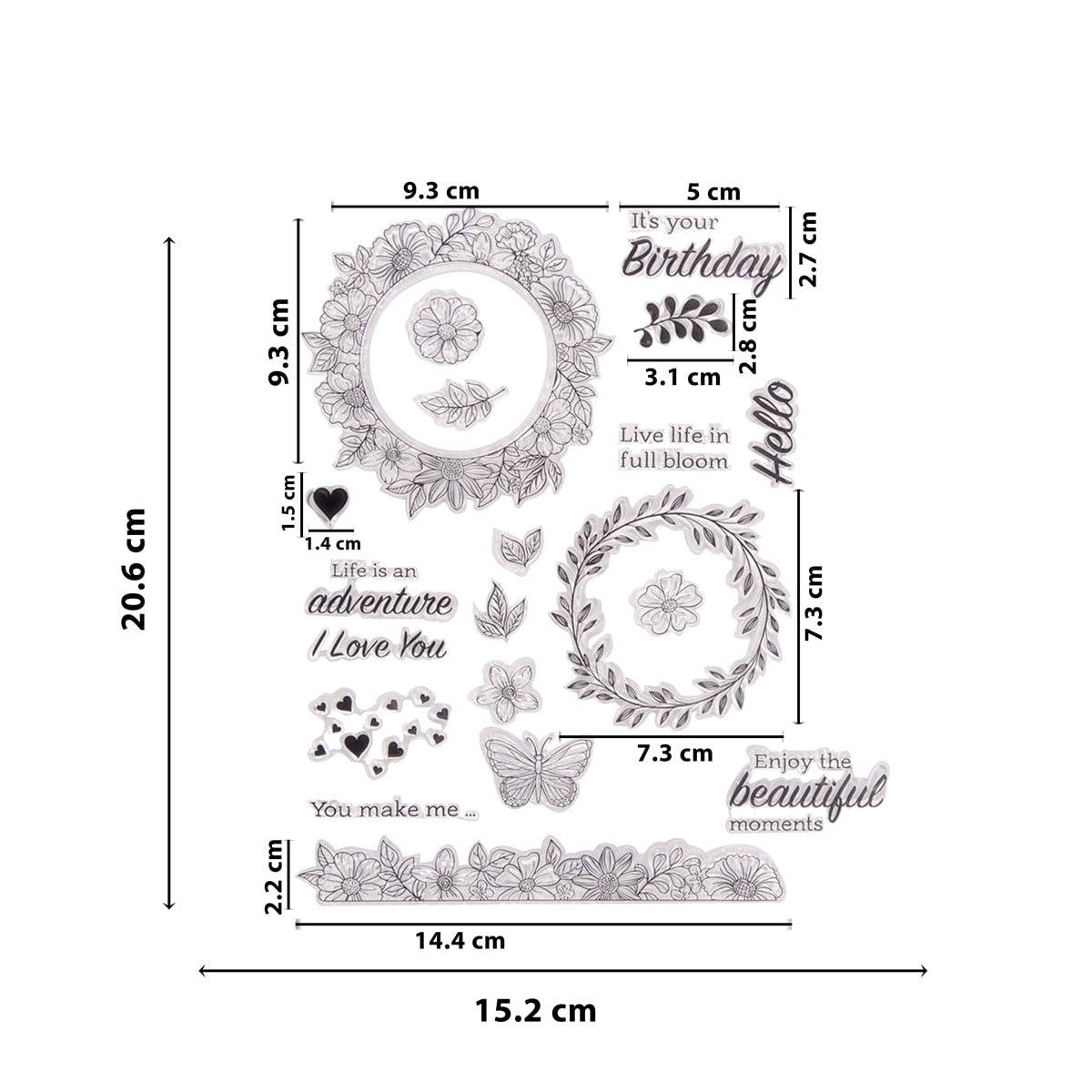 Der Clear Stamp - Florale Kränze & Schmetterling von Stanzenshop.de enthält florale Rahmen, Schmetterlinge und Sprüche wie "It's your Birthday" für Karten. Die Maße der einzelnen Set-Elemente sind in Zentimetern beschriftet.