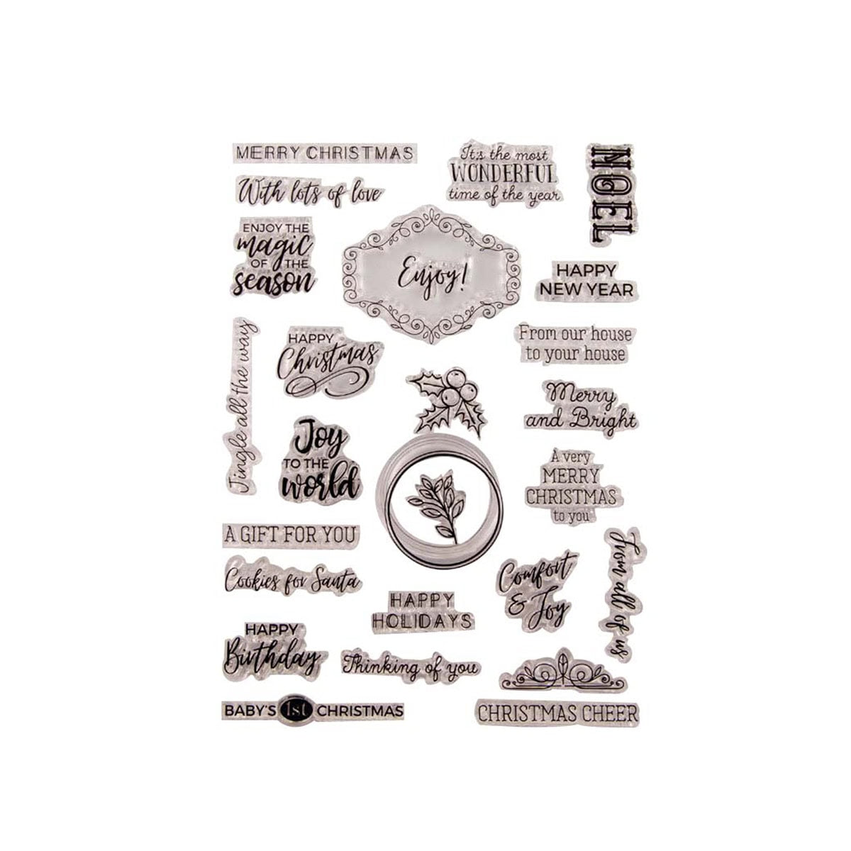 Der Clear Stamp Frohe Weihnachten mit festlichen Grüßen von Stanzenshop.de enthält weihnachtliche Sprüche wie "Merry Christmas" und "Joy to the World" - ideal für festliche Weihnachtsmotive oder Ihr nächstes Stempelset-Weihnachtsprojekt.