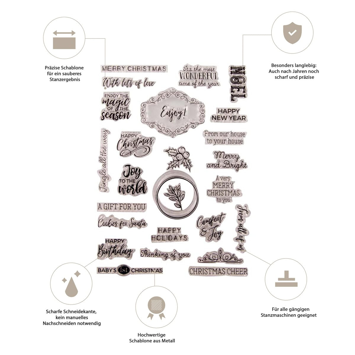 Ein festliches Metallstanze-Set mit deutschen Grüßen, mit Weihnachtsmotiven. Perfekt für die Verwendung mit dem Clear Stamp Frohe Weihnachten mit festlichen Grüßen von Stanzenshop.de. Genießen Sie präzise Schnitte und Kompatibilität mit den meisten Maschinen.