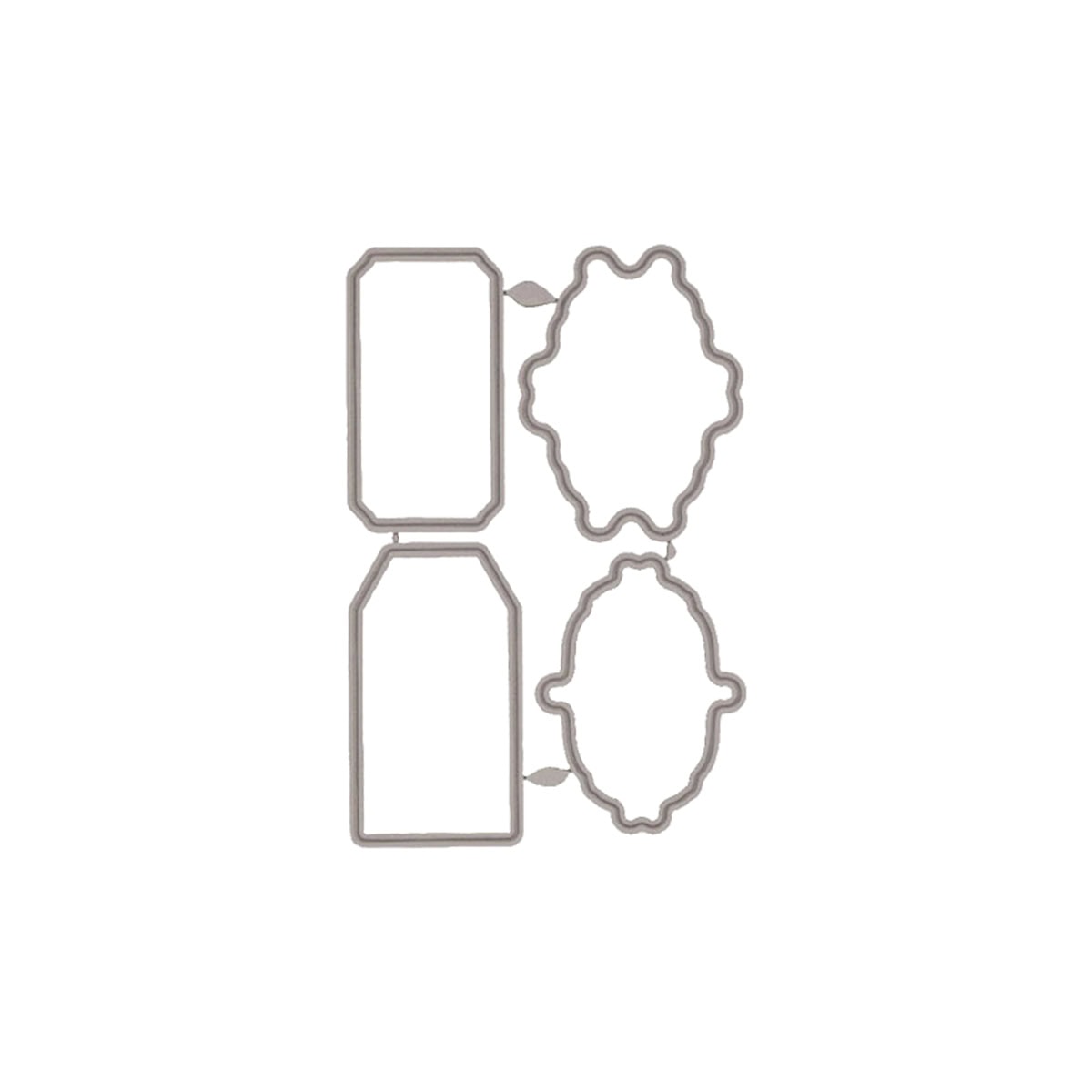 Das "Clear Stamp und Stanzen Set - Vintage Label mit englischen Texten" von Stanzenshop.de zeigt vier Metallstanzen in dekorativen Formen für DIY Anhänger oder Geschenkanhänger, arrangiert in zwei vertikalen Paaren auf weißem Hintergrund.