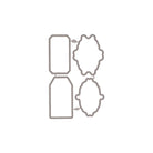 Das "Clear Stamp und Stanzen Set - Vintage Label mit englischen Texten" von Stanzenshop.de zeigt vier Metallstanzen in dekorativen Formen für DIY Anhänger oder Geschenkanhänger, arrangiert in zwei vertikalen Paaren auf weißem Hintergrund.